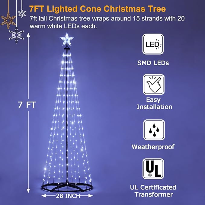 Christmas Outdoor Lighted Trees 7FT Prelit Christmas Cone Tree with 310 LEDs 8 Lighting Modes and Timer for Indoor Outdoor Xmas Porch Lawn