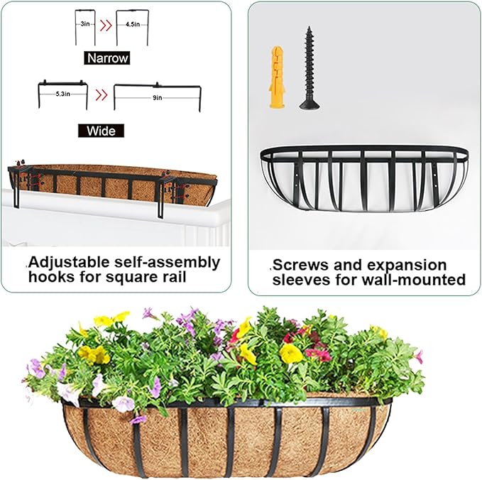 24'' Window Box Railing Planter with Coco Liner,2 Pack Horse Trough Planters Black Metal Hanging Flower Planters Basket for Porch Fence Patio Indoor Outdoor Lawn
