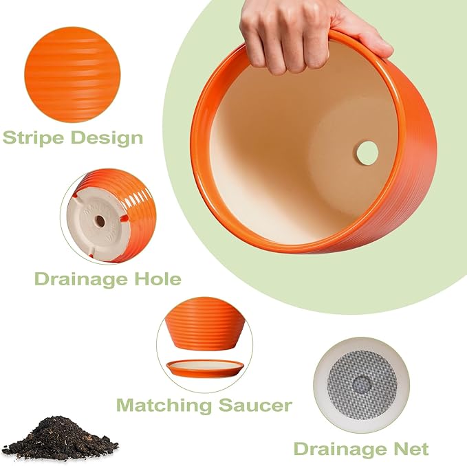 Ceramic Pots for Plants - 8 Inch Plant Pot with Drainage Hole and Saucer, Round Planter for Indoor Outdoor, Modern Flower Planters, Home Apartment Room Decor, Gardening Gifts, Orange