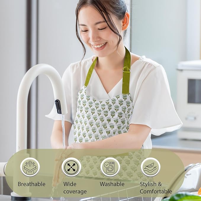 CPC Cotton Floral Kitchen Apron for women with Pocket and Adjustable Neck Ties. Apron for Women Men Chef-Hand Block Printed