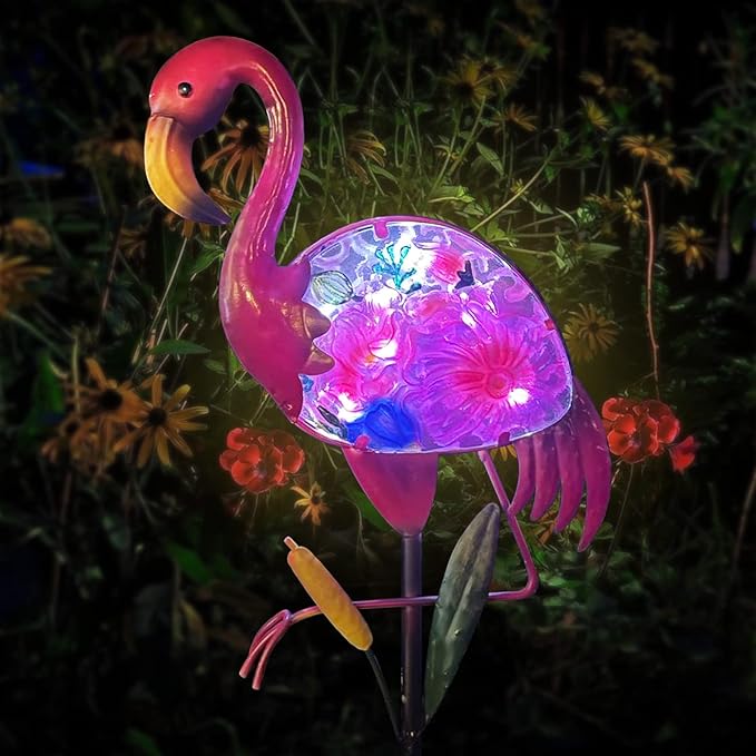 Solar Flamingo Garden Decor - Solar Pathway Lights & Stakes, Glass & Metal, Waterproof for Patio, Lawn, Courtyard