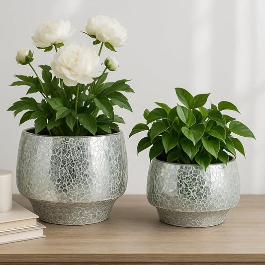 Flower Pots and Planters for Home Decor – Mosaic Indoor and Outdoor Plant Pots for Garden, Patio, or Room – Modern Pots for Indoor Plant Stand for Herbs, Succulents, or Ferns Set of 2 – 8", 6" Silver