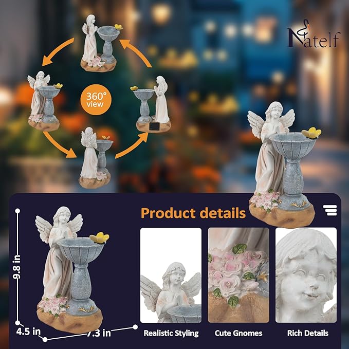 Natelf Solar Resin Angel Statue Outdoor Decor Figurine Garden Art with Glowing Flowers, Night Light for Patio, Ornament Yard Decorations for Patio Gift for Mom, Housewarming