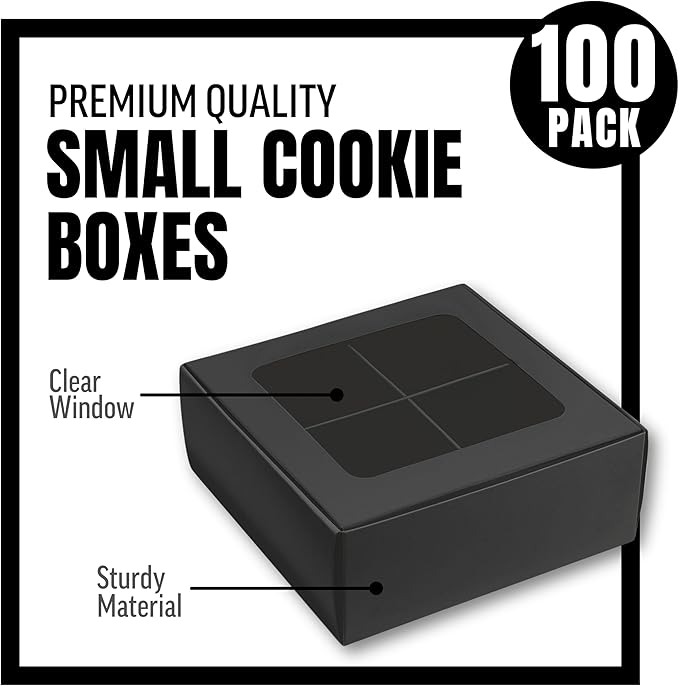 100 pcs Black Mini Cookie Boxes for 4 treats with Window and Dividers, Bakery Boxes, 6 x 6 x 2.4 Inches SMALL Baking Boxes, Square Cookies Box Decorating Supplies for Gift Giving