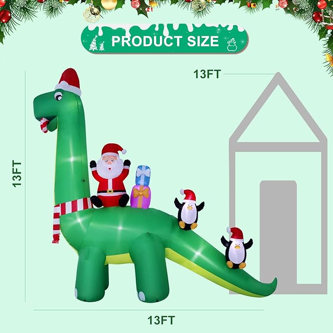 13ft Christmas Inflatable Outdoor Decorations, Dinosaur Back Santa Claus Inflatable Decorations with LED Lights for Indoor Outdoor Patio Garden Christmas Decorations