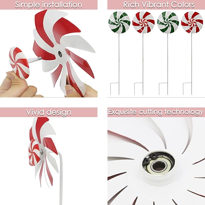 5pcs Wind Spinners Metal Colorful Flowers Garden Stake, Christmas Lollipop Pinwheels, 27" Metal Windmill Yard Art Lawn Ornaments Outside Decorations, Christmas Outdoor Decorations Gift