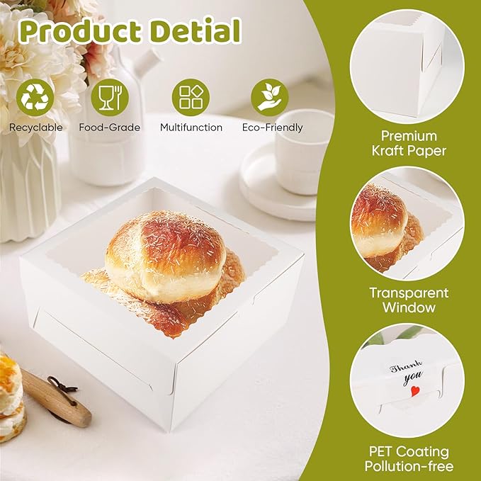 30 Pack Cake Boxes 10 Inch, Disposable Cake Transport Container, 10 Inch Cake Box with Window, White Bakery Boxes with Stickers, Cajas Para Pasteles for Cookies Pies Cupcakes Pastry(10x10x5 Inches)