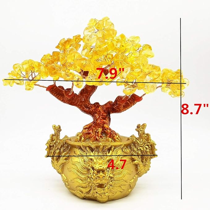 Feng Shui Yellow Quartz Crystal Tree, Bonsai Style Money Trees Decoration for Luck and Wealth (Dragon pots)