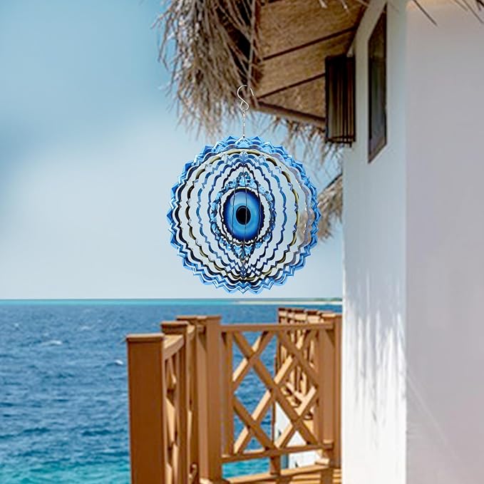 Blue Evil Eye Hanging Wind Spinners Outdoor Metal Evil Eye Decor Mandala 3D Stainless Steel Wind Spinner Protective Amulet for Home Outdoor Garden Yard Decoration (Layered)