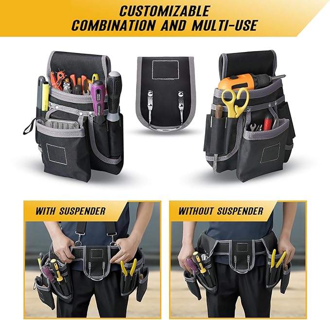 Tool Belts for Men with Suspenders - Magnetic Tool Pouch 26 Pockets Heavy Duty Work Belts - Detachable Adjustable Tool belt Pouch Bag for Electrician, Carpenter, Construction