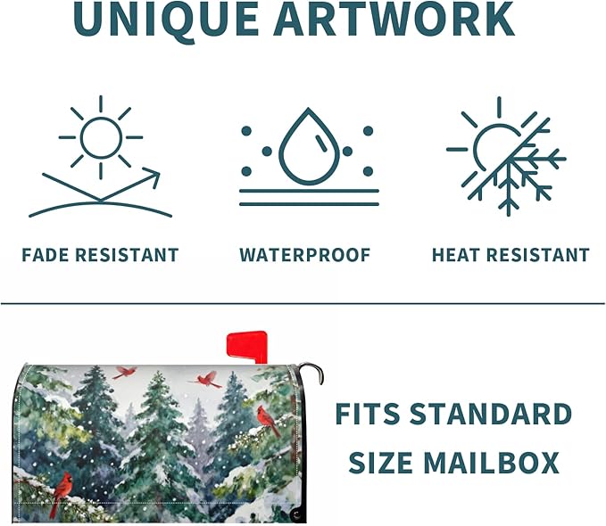 Winter Christmas Tree Mailbox Covers Magnetic Standard Size Green Red Cardinal Bird Snow Scene Theme Outdoor Decorative Holiday Seasonal Letter Box Cases for Home Garden Outside Decor, 21x18 Inch