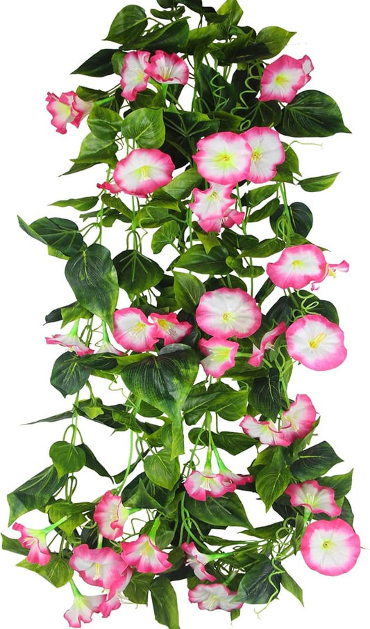 CISDUEO 2 Pcs Artificial Vines Silk Morning Glory Vines for Outdoor 15Feet Hanging Plants Garland Pink Fake Green Plant Morning Glories for Home Decor Wall Fence Stairway Wedding Hanging Baskets
