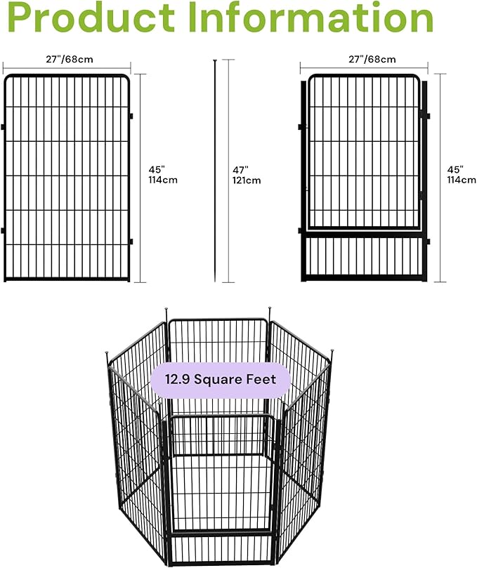 SunsGrove Tall Garden Fence with Gate, 45 in(H) x 13.4 ft(L) 6 Panels Heavy Duty Metal Animal Barrier Fence for Yard, Suitable for Indoor or Outdoor Dog Pet Fence, Garden Fence Border, Black