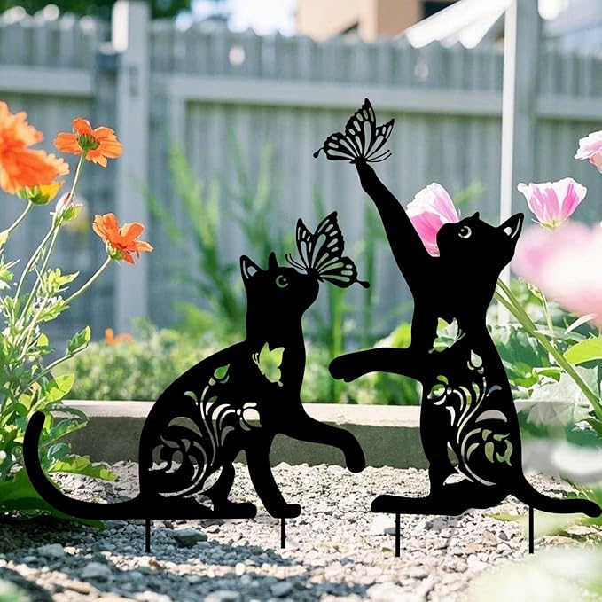 WONDER GARDEN Metal Cat Decor for Outside - 2 Pack Garden Stakes Decorative, Black Cat Silhouette Statues Lawn Ornaments Yard Art Patio Decor Women Men Mom Gifts