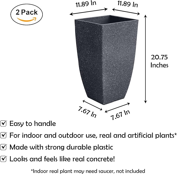 RUBBER BOND Plant Pots 2 Pack - Modern Indoor/Outdoor Planters for Home Decor - Weather-Resistant Large Flower Pots - Lightweight 22 Inches Tall Planters - Black Concrete Color Square Pots for Plants