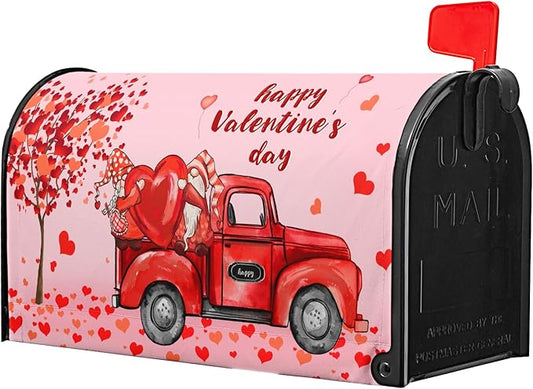 Gnomes Truck Red Valentines Day Mailbox Cover, Standard Size, Waterproof Oxford Fabric, Magnetic, 21x18 Inch