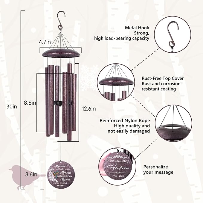 ASTARIN 36" Large Deep Tone Personalized Sympathy Wind Chimes, Memorial Wind Chime for Loss of Mother Father Loved One, Bereavement Gifts Decor Outdoor Patio Garden Graveyard