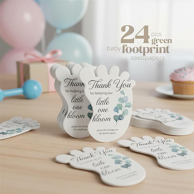 Baby Footprint Seed Paper – 24 pcs Green Baby Shower Favors for Guests with Wildflower Seeds, Writable & Plantable, Gender Reveal, Birthday Gifts for Guest