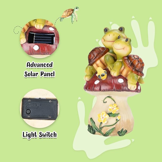 Garden Statues Turtles Outdoor Decor, Resin Turtles Figurines Lights Sculptures with Solar Light, Lovely Turtle with Mushroom for Garden Patio Yard