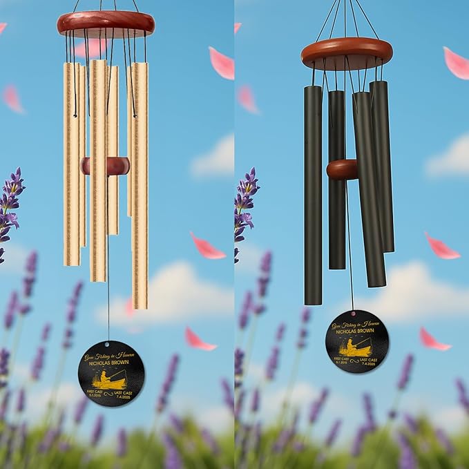 Personalized Gone Fishing Memorial Wind Chime – “Gone Fishing in Heaven” Fisherman Wind Chimes– Custom Name & Dates – Outdoor Sympathy Gift for Men, Dad, or Grandpa – Memorial Garden Decor for Loss