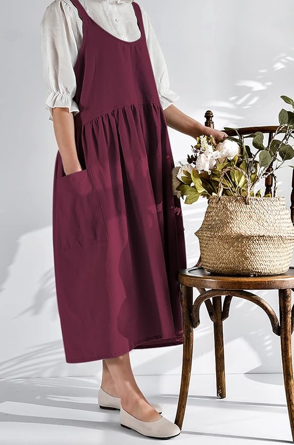 NEWGEM Cotton Linen Cross Back Apron for Women with Pockets Cute Japanese Korean Style Pinafore Dress Purplish Red