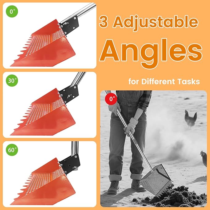 Chicken Poop Scooper for Chicken Coop 304 Stainless Steel Adjustable Angle Durable Sand Sifting Litter Shovel for Farm Animals Cleaning Tools (Orange)