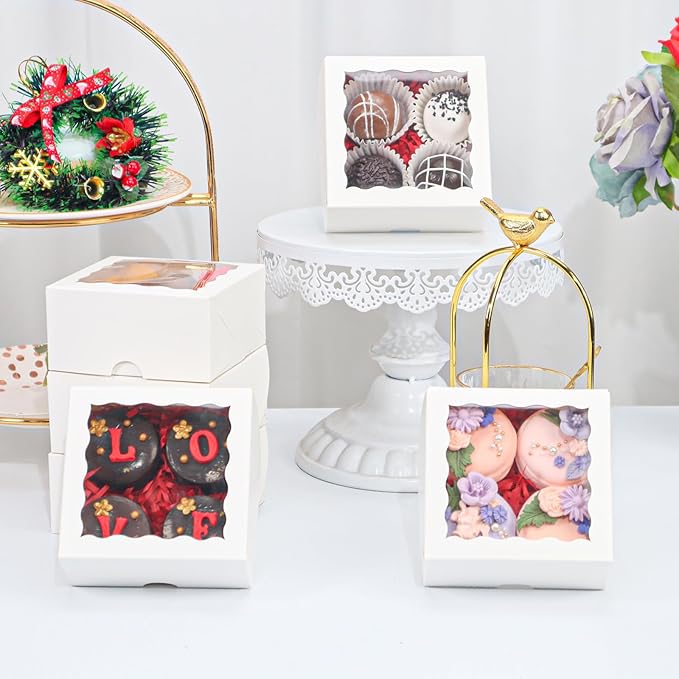 20pcs 4x4x2 Inch Bakery Boxes with Window Cookies Boxes Soap Box Chocolate Truffle Boxes Macaron Boxes Dount Boxes Gift Treat Boxes for Cake Browine pastries, or gifts goodies Party Favor