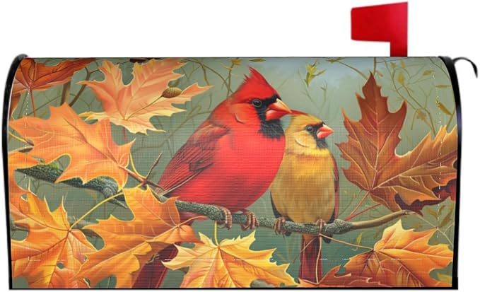 Fall Birds Mailbox Cover Magnetic, Autumn Maple Leaves Chestnut Tree Mailbox Wrap, Standard Size 21x18 Inch Waterproof Letter Post Cover for Garden Yard Outdoor Seasonal Decor