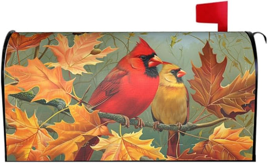 Fall Birds Mailbox Cover Magnetic, Autumn Maple Leaves Chestnut Tree Mailbox Wrap, Large Size 25.5x21 Inch Waterproof Letter Post Cover for Garden Yard Outdoor Seasonal Decor