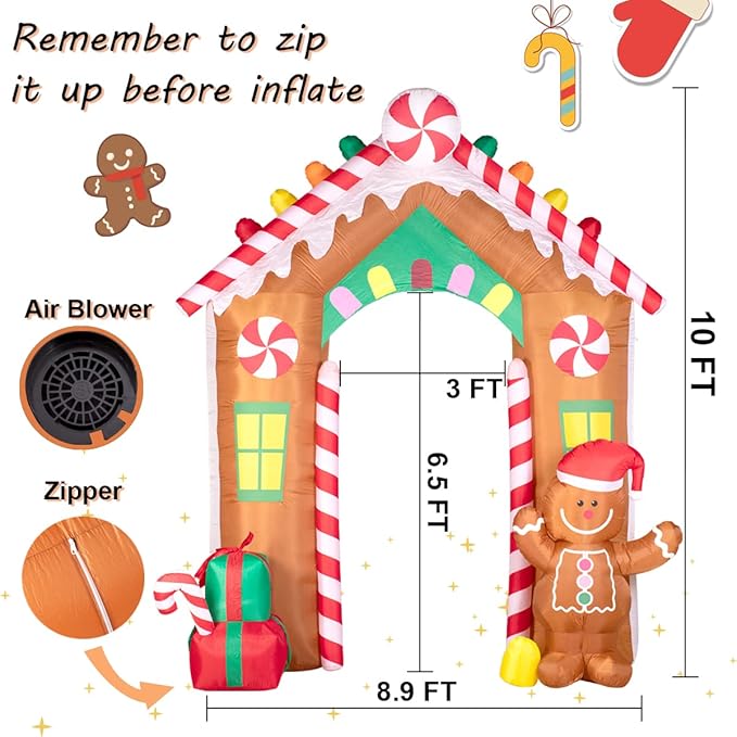 Hioasis 10 FT Christmas Inflatable Decorations - Archway with Gingerbread Man and Gift Box X-mas Outdoor Inflatables with LED Lights Built-in Perfect for Christmas Party&Holiday&Yard&Garden