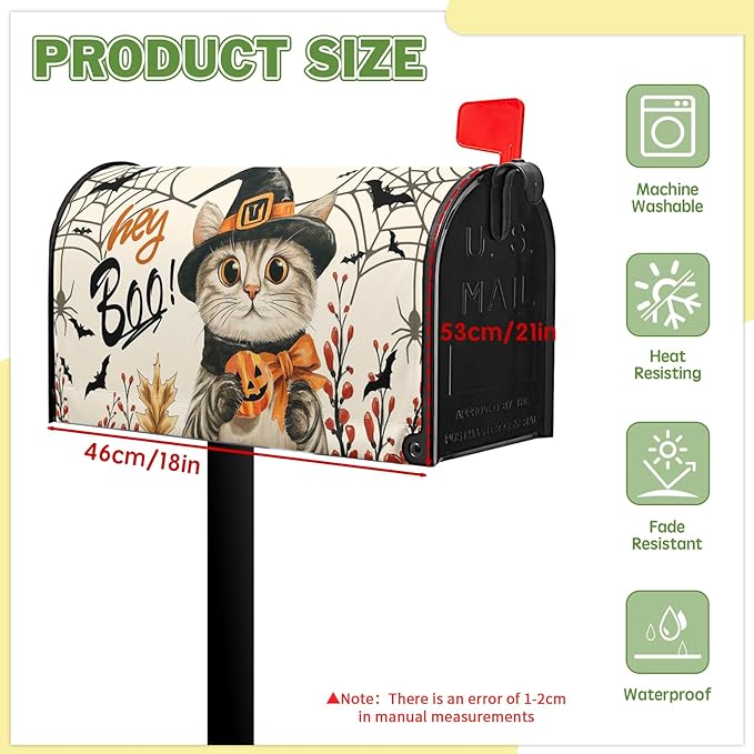 Hey Boo Cat Mail Box Covers Halloween Mailbox Cover Spider Web Pumpkin Mailbox Wraps Magnetic Standard Size 21x18 inch Decorative Mailboxes for Outside Farmhouse Garden Decor