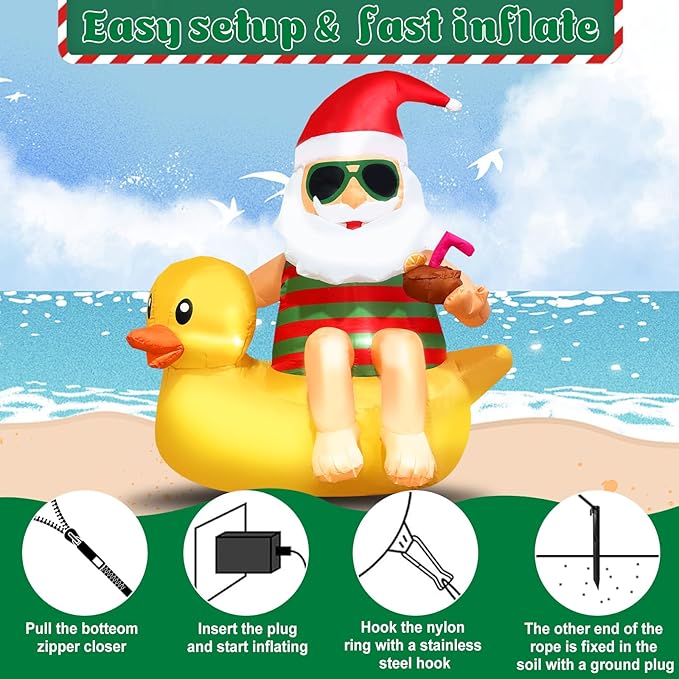 Christmas Inflatable Outdoor Decoration Blow Up 4.5ft Hawaii Santa take Coco Drink Inflate Xmas Decor Cute Blow Up Duck Santa Claus with LED for Outside Yard Garden Lawn Party Decor