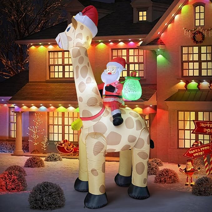 10FT Christmas Inflatables Santa Claus Rides Giraffe, Christmas Blow Ups Outdoor Decoration, Built-in LEDs for Holiday Party Front Garden Lawn Yard Patio Outdoor