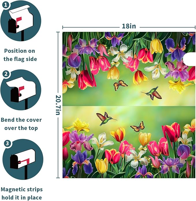 Easter Floral Mailbox Cover Magnetic, Tulip Lily Flowers Mailbox Wrap, 21"x18" Spring Summer Standard Size Waterproof Letter Post Cover for Yard Garden Outdoor Outside Decoration