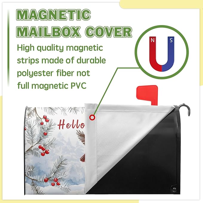 Hello Winter Cat Mailbox Cover Cardinal Bird Mailbox Covers Magnetic Snow Snowflake Post Letter Box Cover Standard Size 21x18 inch for Garden Outdoor Yard Decor