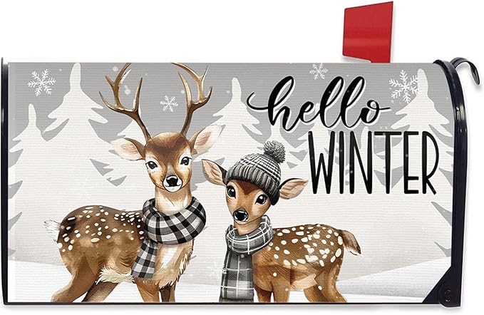 Hello Winter Reindeer Mailbox Cover Magnetic Standard Size 20.5" x 18", Pine Trees Snowflake Decorative Post Letter Box Wrap Decor, Christmas Seasonal Garden Yard Outdoor Decoration