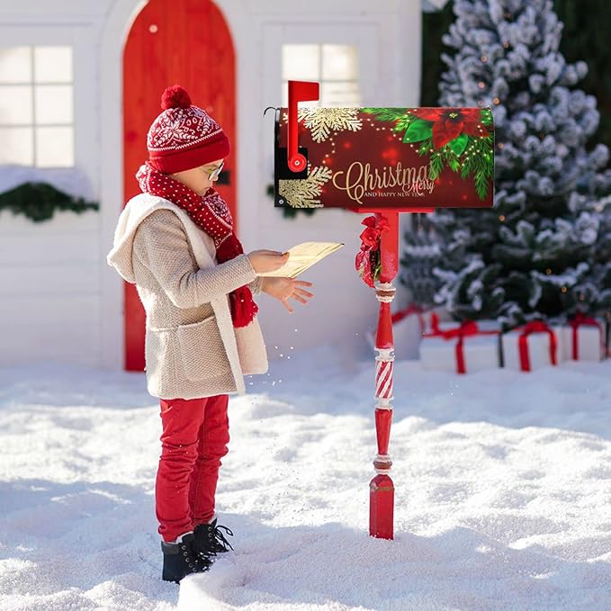 Christmas Poinsettia Flower Mailbox Cover Magnetic Mailboxes Wraps Letter Post Box Cover Decorative Standard Size 18x21 in Garden Yard Decor