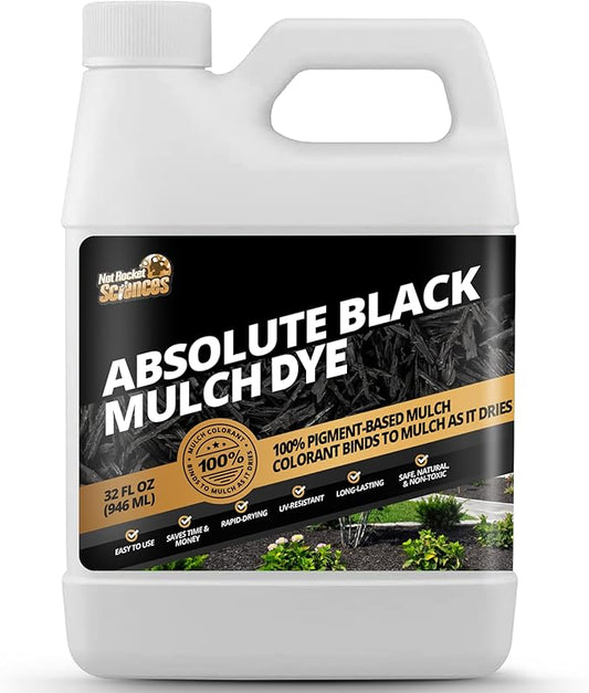 32oz Absolute Black Mulch Dye - Covers up to 2,500 sq. ft., Liquid Mulch Dye Black, Premium Color Concentrate, Ideal for Landscaping, Renews Faded Rubber or Wood Chips, 100% Color Pigment
