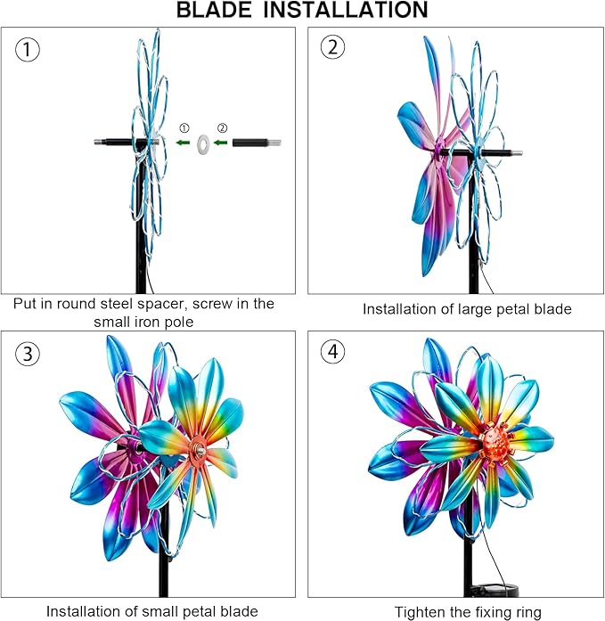 Flower Solar Wind Spinners - 61'' Metal Colorful Spinning Windmill Garden Ligths with LED Outdoor Decorative Stake Lighting Waterproof Flower Sculpture for Patio Yard