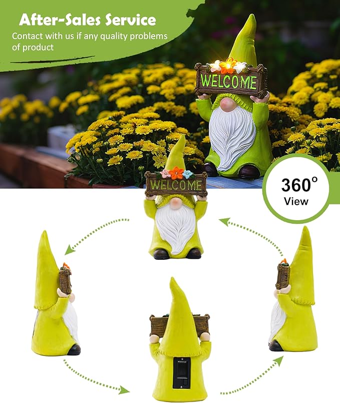 Nacome Solar Gnome Statue for Garden Decor: Outside Sculpture with Flower Welcome Sign Clearance for Yard Art Lawn Ornaments Porch Patio Balcony - Birthday Gifts for Grandma Mom Women(Green)