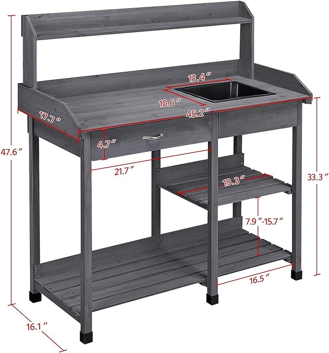 Topeakmart 45.2x17.7x47.6'' (LxWxH) Potting Benches Outdoor Garden Potting Table Work Bench with Removable Sink Drawer Rack Shelves Work Station, Gray