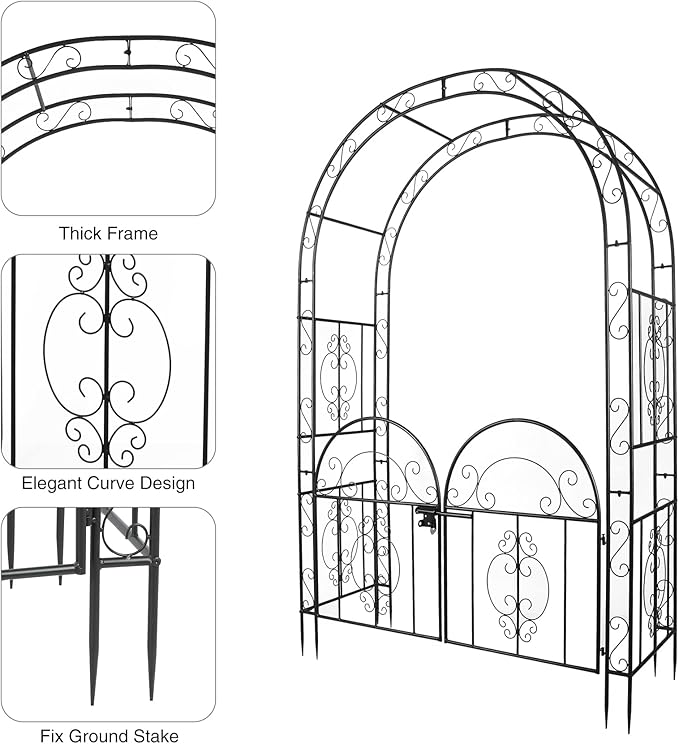 84in High Metal Garden Arbor with Gate, Heavy Duty Wide Garden Arch, Metal Arch Trellis with Gate for Climbing Plant, Wedding, Outdoor Patio Décor, Black(84"x52.4"x19")