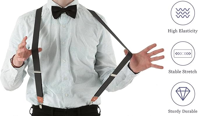 UPSONG Mens Suspenders，Brown Leather Button Tab and Clip Braces Heavy Duty Suspender Wedding Suspenders for Groom Groomsmen