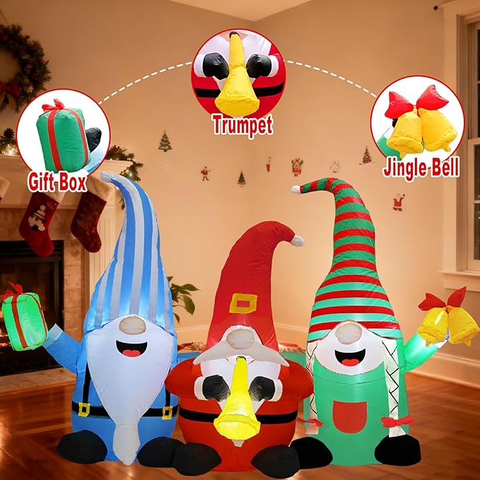 Christmas Decorations Inflatables Outdoor, 6FT Long 3 Gnomes with Gift Box, Trumpet and Bell, Cute Xmas Blow Up Built-in LED Lights Holiday Decor for Indoor Garden Yard Lawn