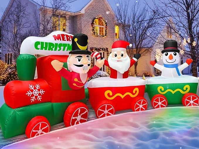 12 Ft Long 4 Ft Tall Christmas Inflatable Train with Nutcracker, Santa Claus and Snowman, Christmas Decorations Outdoor Blow Up Xmas Train Carriage with Build-in LEDs Holiday Party Garden Yard Decor