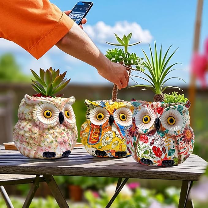 Owl Planter, Owl Succulent Pots, Funny Plant Pots Indoor/Outdoor, Decorative Garden Flower Pot, Cute Small Planters for office Home Decor, Unique Statue Figurine Gifts for Women Mother Teacher Red