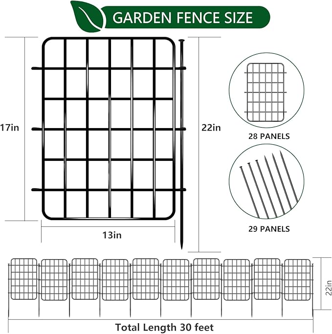 30ft x 22in Garden Fence Animal Barrier, 28 Panels No Dig Fence Border, Rustproof Metal Decorative Garden Fence with Ground Stake, Flower Bed Edging Border for Dog, Rabbit, Outdoor Yard Patio Decor