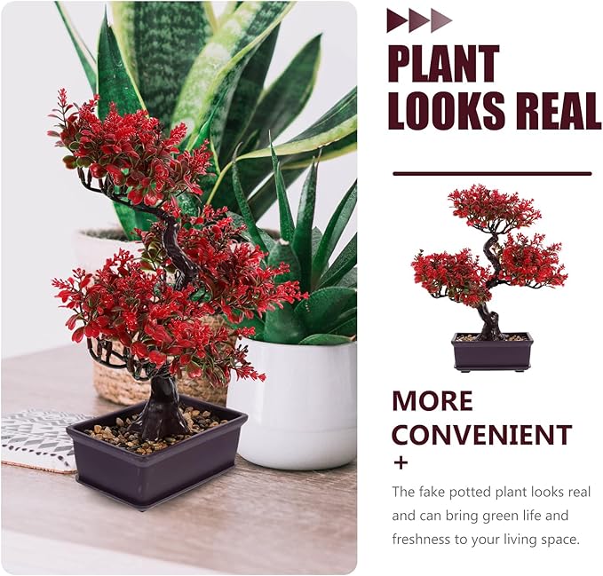 Cabilock Fake Bonsai Tree, Artificial Red Bonsai Tree, Plastic Japanese Potted Pine Decoration for Home Office Showcase Indoor Desktop Display