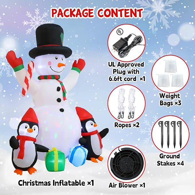 Christmas Inflatables 6FT Snowman Outdoor Yard Decorations, Christmas Blow up Snowman with Penguins and Giftboxes, Built-in Colorful Rotating LED Lights for Holiday Xmas Party Lawn Yard Garden