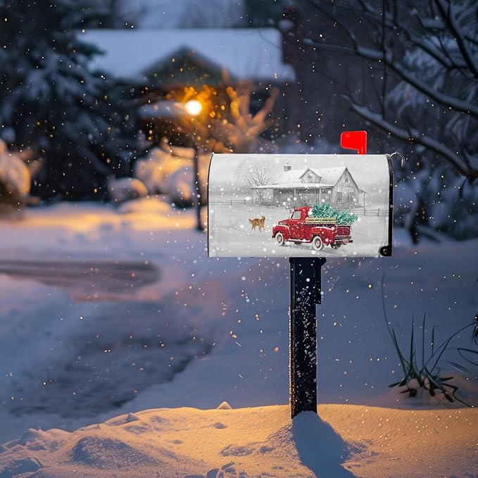 Winter Mailbox Cover Red Truck Snowflake Oversize Mailbox Wrap with Magnetic Strip Christmas Dog Snowy Letter Post Box Cover Decoration Welcome Home Outdoor Large Size 25.5" Lx 21" W